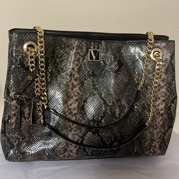 Victoria’s Secret snakeskin print tote style purse, multiple pockets, mirror - Picture 4 of 12